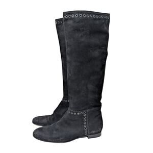 Pedro Garcia Black Suede Knee High Boots 37.5 Studded Flat Riding Boots